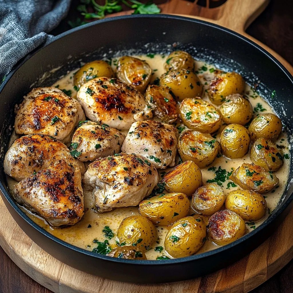 Cremiges Knoblauch-Hähnchen mit gerösteten Babykartoffeln